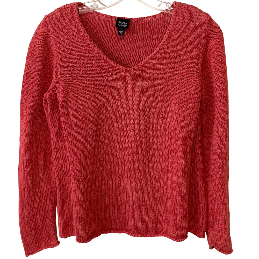 Eileen Fisher Women's Rust Nubbly‎ Cotton V Neck Sweater in Size S
